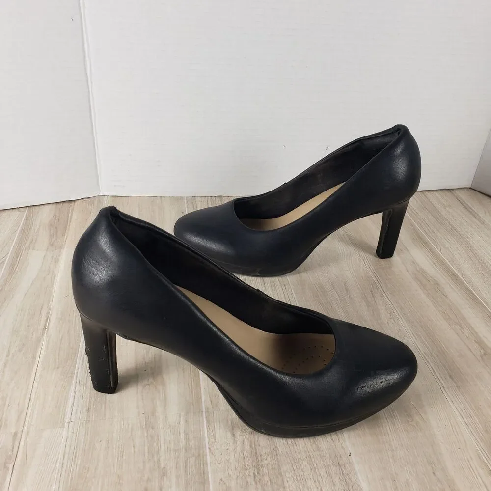 CLARKS AMBYR JOY BLACK LEATHER SLIP ONS DRESS SHOES HEELS PUMPS WOMENS SZ 7.5
